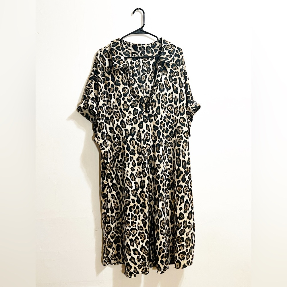Lane Bryant Leopard Print Collard Shirt Midi Dress Button Down Size 26/28